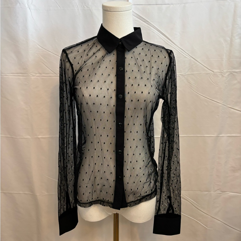 HAVE Sheer Black Swiss Dot Mesh Button Front Blouse‎ Size M